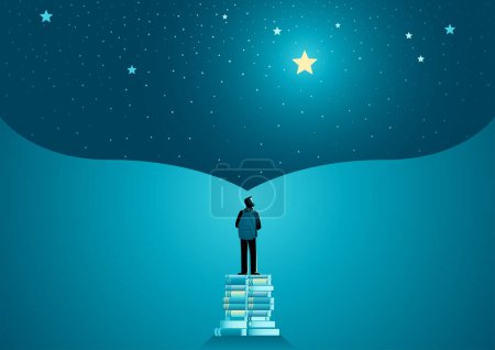 Schoolboy carrying backpack standing on pile of books with the open space above him as a representation of his big dream, vector illustration