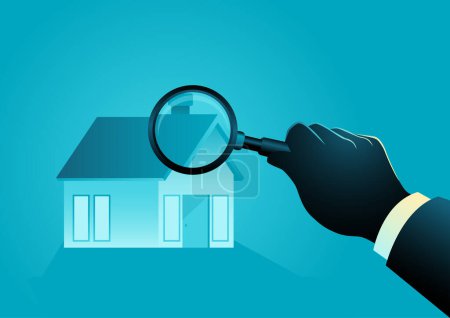 Téléchargez les illustrations : Homme utilisant une loupe inspectant une maison, évaluation immobilière, illustration vectorielle - en licence libre de droit