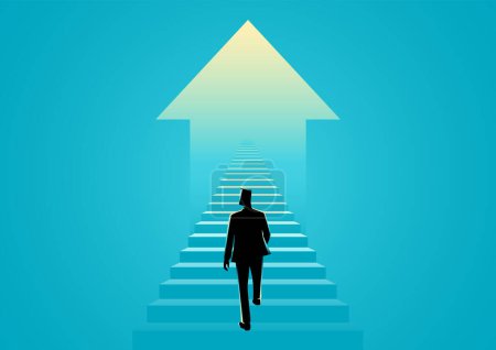 Business concept illustration of a man walking on a stairway leading up to up arrow