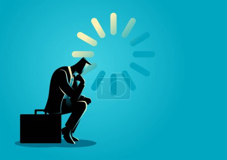 Illustration for Vector illustration of businessman sitting pensively on a suitcase and loading icon - Royalty Free Image