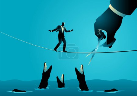 Illustration for Business concept illustration of a businessman running on rope over a river full with alligators, meanwhile a giant hand with scissors is cutting the rope, double the trouble - Royalty Free Image