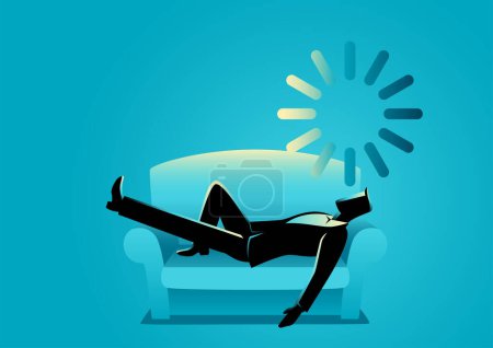 Illustration for Business illustration of a businessman taking a nap on sofa with loading icon on his head, resting, lagging concept - Royalty Free Image