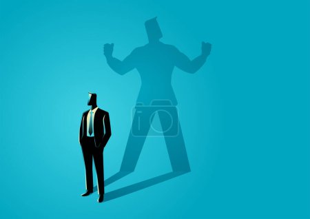 Ilustración de Empresario de pie y proyectando una sombra de un fuerte superhéroe, ego, confianza, determinación, ilustración vectorial - Imagen libre de derechos