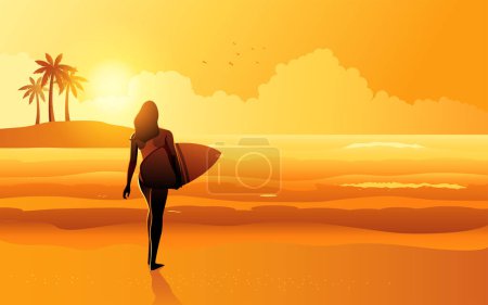 Illustration for Beach panorama of surfer girl walking on the beach, summer vacation, water sports, vector illustration - Royalty Free Image