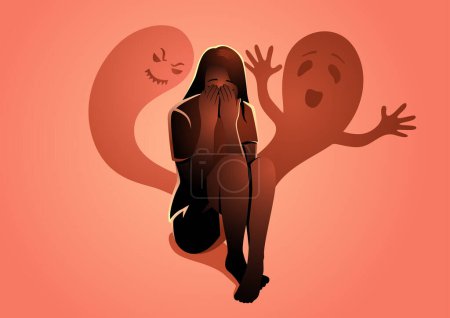 Illustration for Sad depressed woman sitting on the floor surrounded by creepy shadows, psychological, schizophrenia, sciophobia, mental illness, manipulation concept, vector illustration - Royalty Free Image