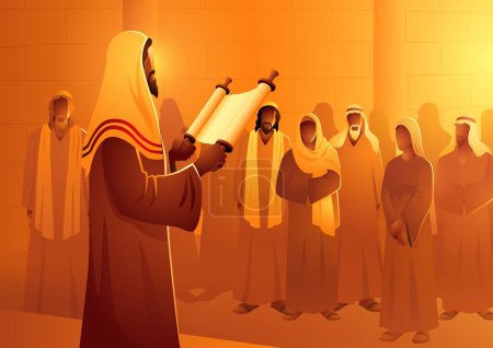 Illustration for Biblical vector illustration series, Jesus reading the scroll of the prophet Isaiah - Royalty Free Image