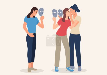 Téléchargez les illustrations : Women talking and whispering behind their friends back holding smiling mask, hypocrisy, gossiping concept, simple flat vector illustration - en licence libre de droit
