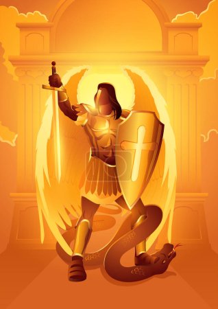 Illustration for Biblical vector illustration series, Michael the archangel with sword and shield standing over a serpent - Royalty Free Image