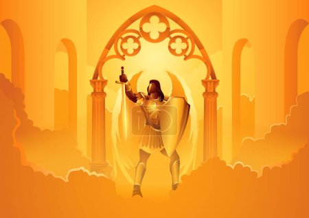 Illustration for Fantasy art vector illustration series, Hadraniel the angel assigned as gatekeeper at the second gate in heaven - Royalty Free Image