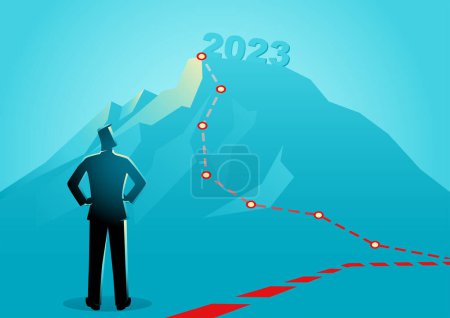 Ilustración de Businessman looking at the fuzziness of the year 2023 from distance, forecast, prediction in business, vector illustration - Imagen libre de derechos