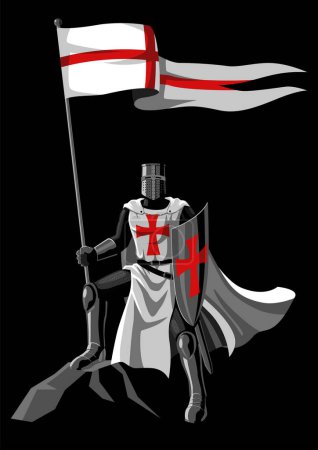 Illustration for Simple flat vector illustration of Templar Knight holding a flag and shield - Royalty Free Image