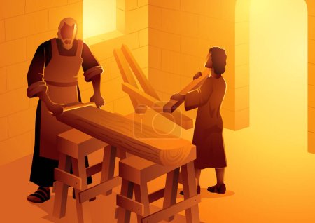 Téléchargez les illustrations : Religion vector illustration series, Saint Joseph is working as a carpenter with the boy Jesus - en licence libre de droit