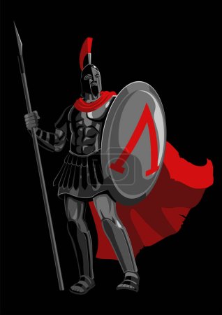 Illustration for Simple flat vector illustration of ancient spartan warrior wearing armor and red cloak - Royalty Free Image