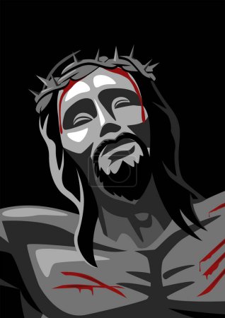 Téléchargez les illustrations : Close up vector illustration of Jesus face on the cross wearing a crown of thorns - en licence libre de droit