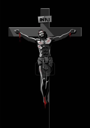 Téléchargez les illustrations : Simple flat vector illustration of Jesus on the cross wearing a crown of thorns - en licence libre de droit