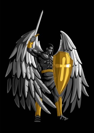 Téléchargez les illustrations : Archange avec épée et bouclier sur fond noir - en licence libre de droit