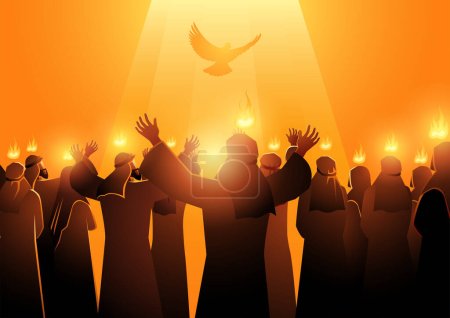 Biblical vector illustration series, Pentecost also called Whit Sunday, Whitsunday or Whitsun. It commemorates the descent of the Holy Spirit upon the Apostles and other followers of Jesus Christ