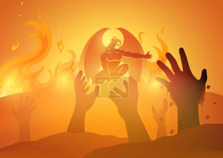 Biblische Silhouettenillustrationsserie, die den Teufel zeigt, der die Menschen in der Hölle begrüßt