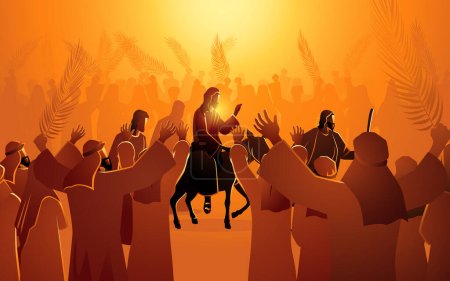 Illustration for Biblical vector illustration series, Jesus comes to Jerusalem as King, Palm Sundays feast day - Royalty Free Image