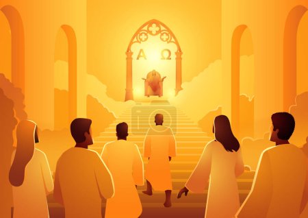 Téléchargez les illustrations : Série d'illustrations de silhouette biblique, Jésus est assis sur le trône du ciel accueillant l'arrivée de ses disciples - en licence libre de droit