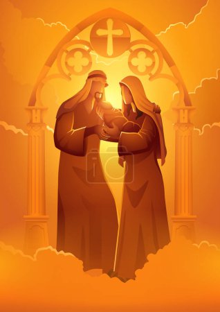 Illustration for Religion vector illustration series, Holy family on gothic gate decoration - Royalty Free Image