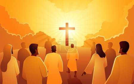 Biblical vector illustration series of people climbed the hill towards the cross. Followers, hope, God mercy concept