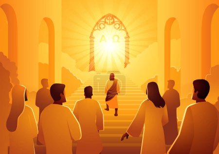 Illustration for Biblical silhouette illustration series, Jesus leads the group of followers to the heaven gate - Royalty Free Image
