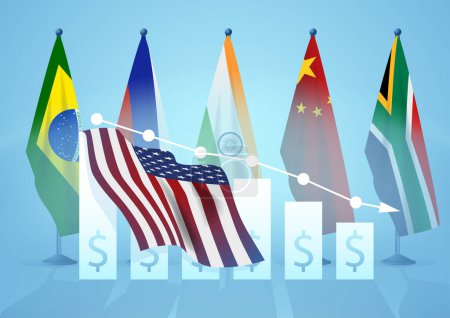 Ilustración de Ilustración vectorial de banderas de los países BRICS en la parte posterior de una bandera de los Estados Unidos de América en el gráfico decreciente. El tipo de cambio del dólar disminuye cuando los países de los brics no comercian en dólares - Imagen libre de derechos