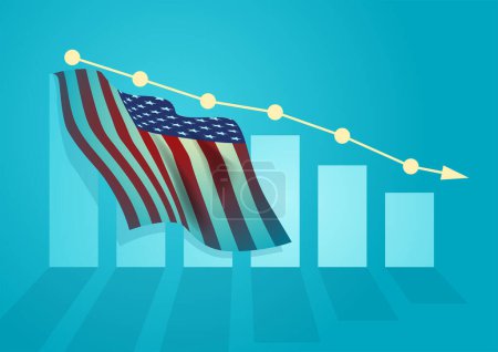 Illustration for Vector illustration of a United States Of America flag on decreasing graphic chart, inflation, recession concept - Royalty Free Image