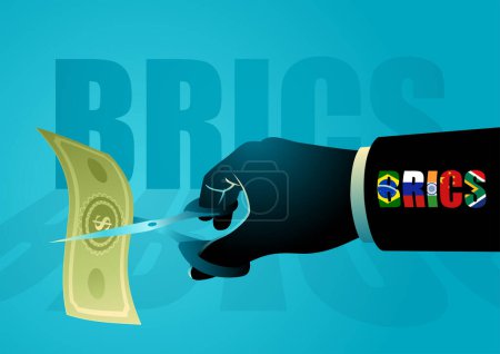 Ilustración de Ilustración vectorial de una mano con tijeras y el símbolo de las banderas de los BRICS cortando un billete de dólar, un riesgo para la economía estadounidense ya que los brics se niegan a realizar el comercio en dólares - Imagen libre de derechos