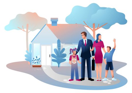 Illustration for Happy family couple with kids in front of their house, vector illustration for home sweet home, real estate, residential concept - Royalty Free Image