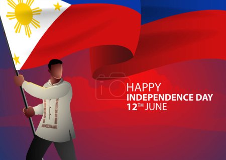 Illustration for Filipino wearing traditional Philippines clothes holding the flag of Philippines, independence day, vector illustration - Royalty Free Image