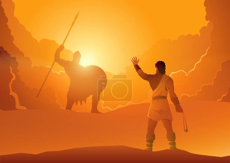 Téléchargez les illustrations : Illustration vectorielle biblique de David et Goliath prêts pour un duel dans la scène dramatique - en licence libre de droit