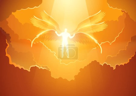 Illustration for Fantasy art illustration of bright light Archangel with six wings in the open sky, vector illustration - Royalty Free Image