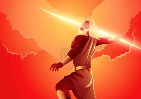 Illustration for Greek god and goddess vector illustration series, Zeus, the Father of Gods and men standing on mountain Olympus throwing his lighting bolt - Royalty Free Image