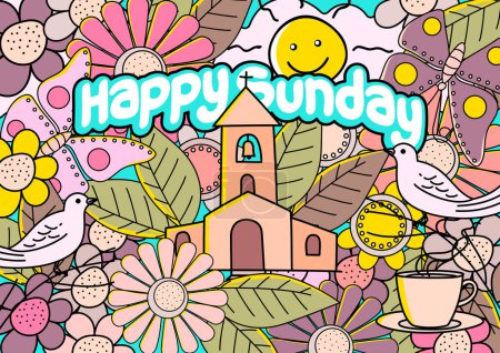 Téléchargez les illustrations : Art mural de Happy Sunday typographie texte illustration vectorielle avec décoration Eglise doodle - en licence libre de droit