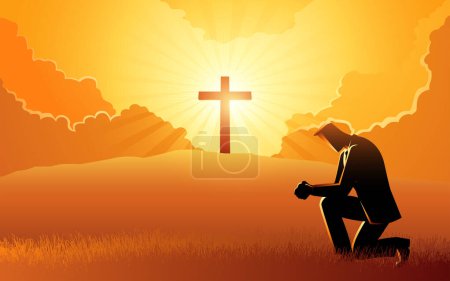 Illustration for A series of religious vector illustrations of a man praying with a cross and a light burst on a hill in the background. Sincerity, hope, God mercy concept - Royalty Free Image