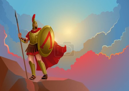 Illustration for Vector illustration of ancient spartan warrior wearing armor and red cloak on the rock with dramatic cloudscape as the background - Royalty Free Image