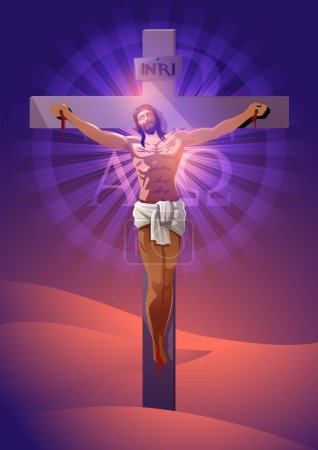 Ilustración de Ilustración vectorial de Jesús en la cruz con una corona de espinas decoradas con hermoso símbolo Alfa y Omega - Imagen libre de derechos