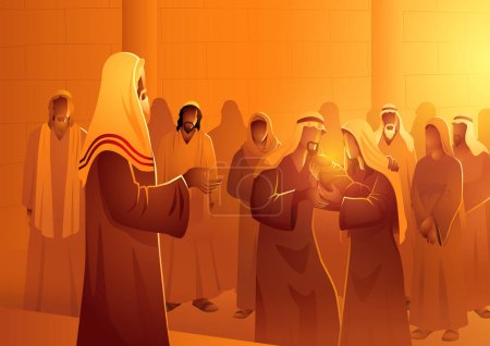 Biblical vector illustration series, forty days after Jesus' birth, Mary and Joseph carried Him to the Temple in Jerusalem