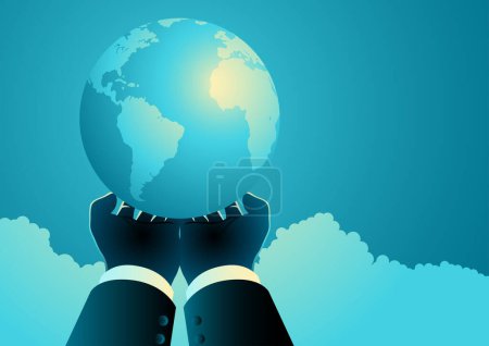 Illustration for Man holding planet earth with two hands, earth day, environment concept, vector illustration - Royalty Free Image