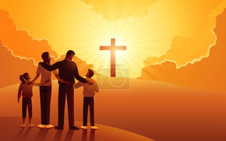 Illustration for Biblical vector illustration series of Christian family stands at the bottom of the hill, looking up at a cross on the hill. Followers, hope, devoted christians concept - Royalty Free Image