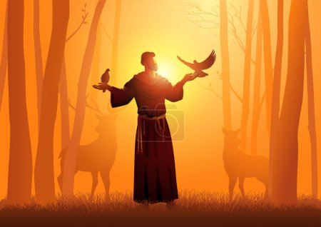 Religion-Vektor-Illustrationsserie, Der heilige Franz von Assisi mit Tieren im Wald