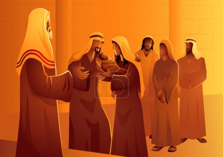 Serie de ilustración vectorial bíblica, cuarenta días después del nacimiento de Jesús, María y José lo llevaron al Templo en Jerusalén