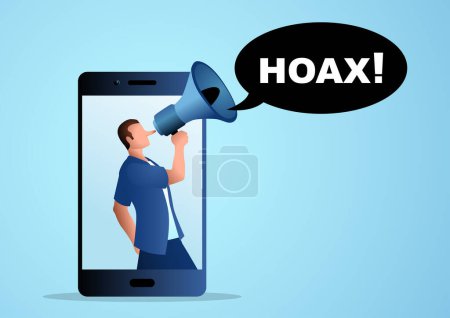 Illustration for Male figure with long nose comes out from cellphone using megaphone to spread hoaxes, influencer, key opinion leaders, vector illustration - Royalty Free Image