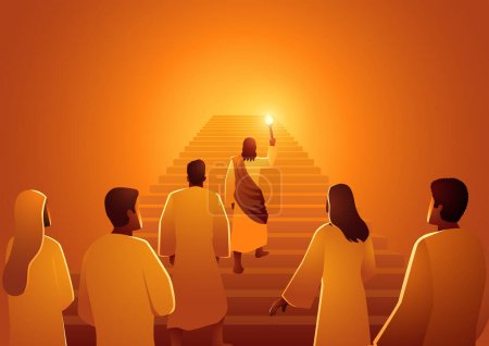 Illustration for Biblical silhouette illustration series, Jesus leads the group of followers with torch to climb the stairs, Jesus is the light of the world - Royalty Free Image