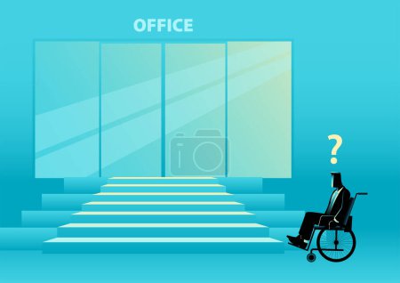 Illustration for Businessman in a wheelchair was confused about how to enter the office because there are no special ramps for disability people, office disability-friendly, building facilities for disability, vector illustration - Royalty Free Image