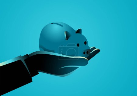 Man hand holding a piggy bank, savings, financial planning concept, vector illustration