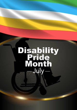Illustration for Silhouette of a man in a wheelchair with Disability Pride Month flag as decoration, the Americans with disabilities act - Royalty Free Image