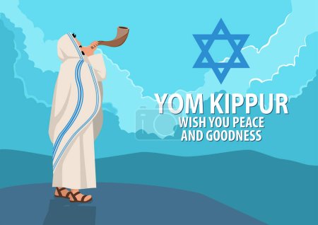 Vektor Illustration jüdischer Mann bläst am Rosch Haschana und Yom Kippur Tag in das Schofar Widder Horn